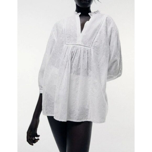 ZARA Cotton Embroidered White Blouse Tunic Top Shirt Size Medium - Picture 1 of 9